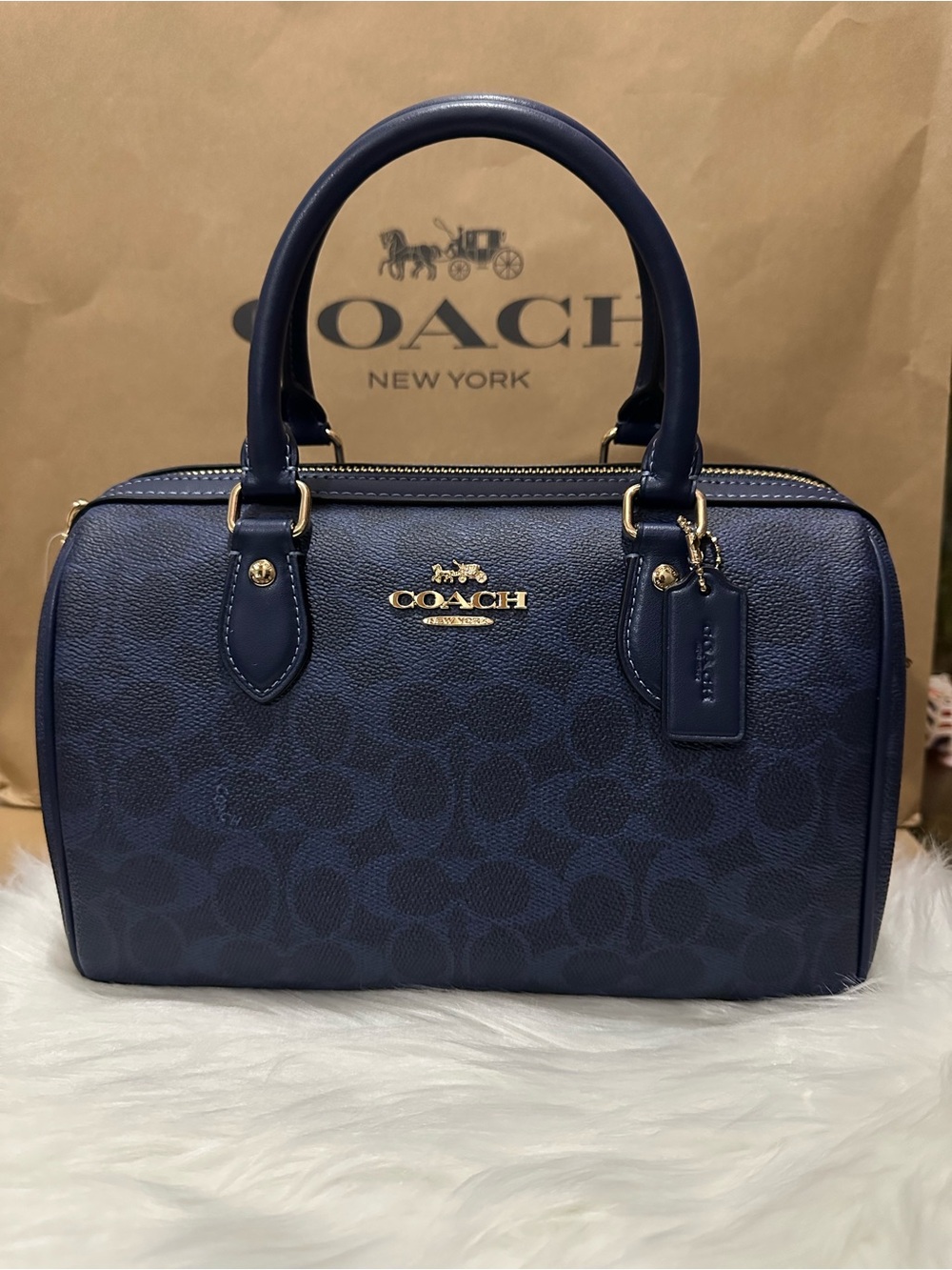 Coach Rowan Satchel Bag In Signature Canvas Gold/Navy CV961 NWT